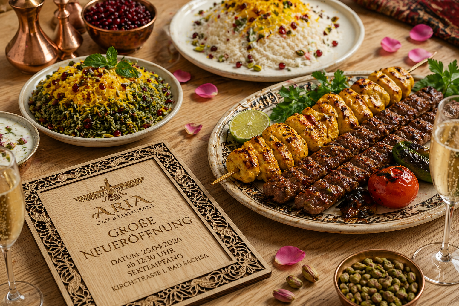 Persische Festtafel mit Zereshk Polo, Sabzi Polo und Kebab